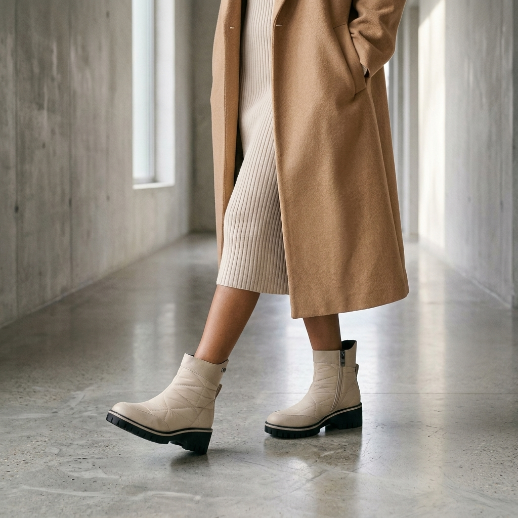 Mulher de casaco camel e vestido de malha creme num corredor de betão, calçando botins Azarey acolchoados em branco gelo com sola dentada