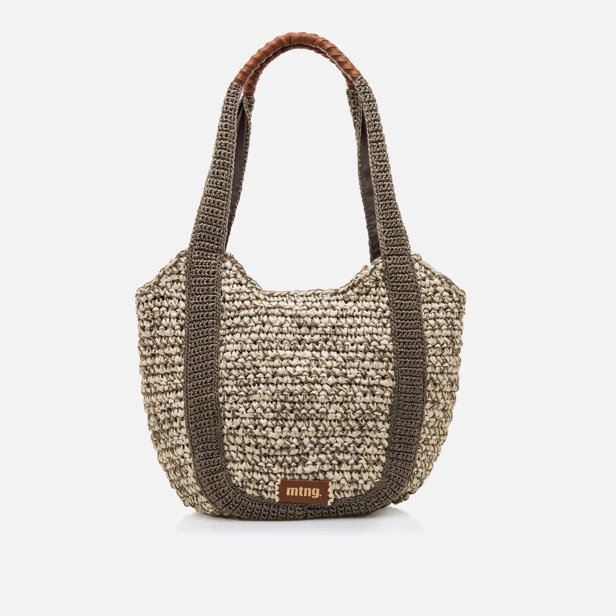 Bolsa shopper Mustang Mar em ráfia de papel — vista frontal, cor natural com detalhes cáqui