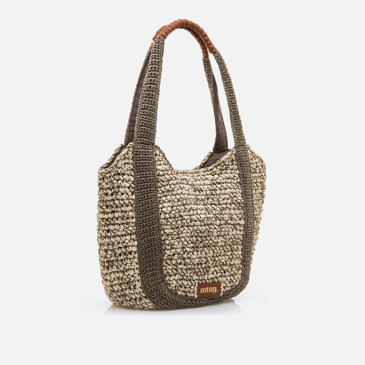 Bolsa shopper Mustang Mar em ráfia de papel com alças em macramê cáqui — vista lateral