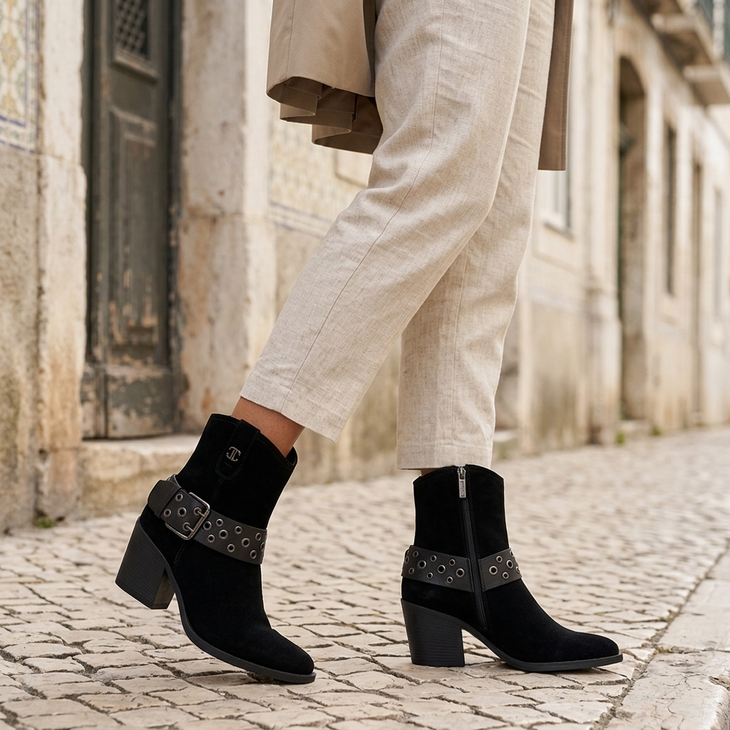 Mulher a caminhar numa rua de calçada com o botim texano Carmela preto e calças cor creme