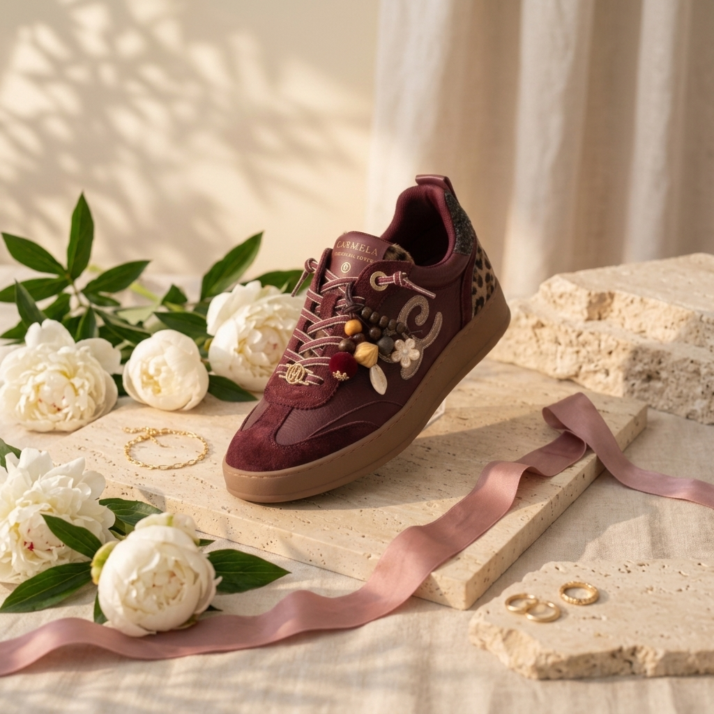 Sapatilha Carmela bordeaux em vista frontal, rodeada de flores brancas e fita rosa