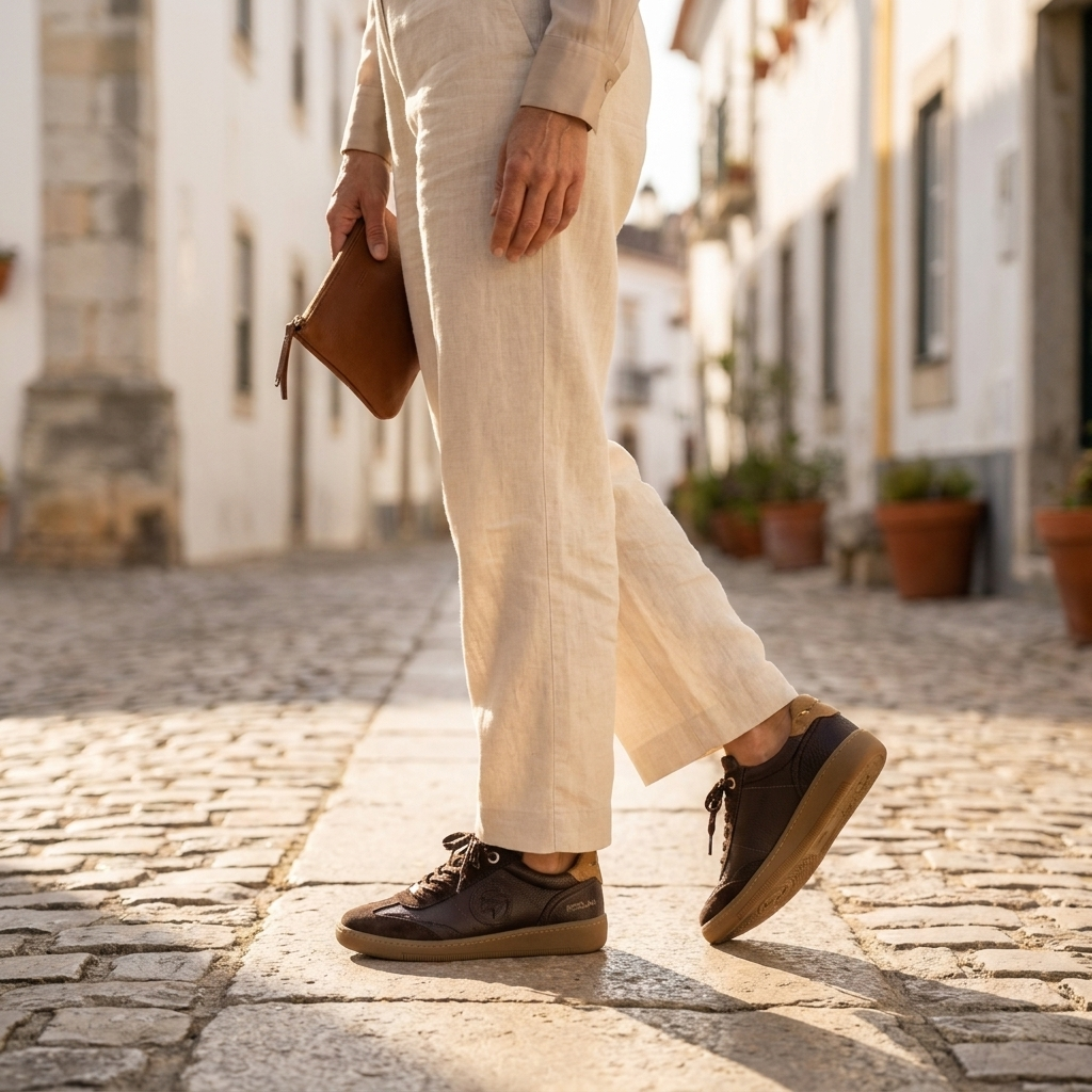 Mulher a caminhar numa rua de calçada portuguesa, a usar as sapatilhas Carmela castanhas, com uma bolsa de pele na mão.