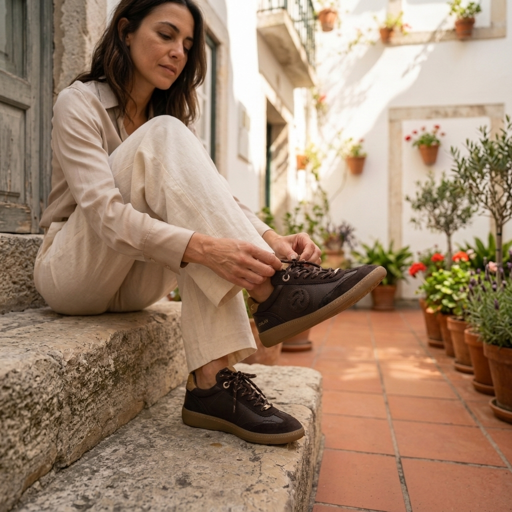 Mulher sentada num degrau de pedra numa rua portuguesa, a ajustar as sapatilhas Carmela castanhas.