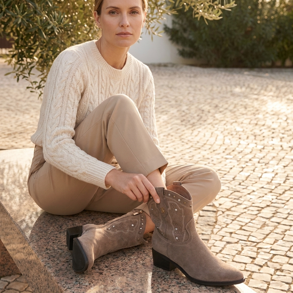 Mulher sentada sobre calçada portuguesa com botins texanos Carmela taupe, camisola de tricô creme e calças bege