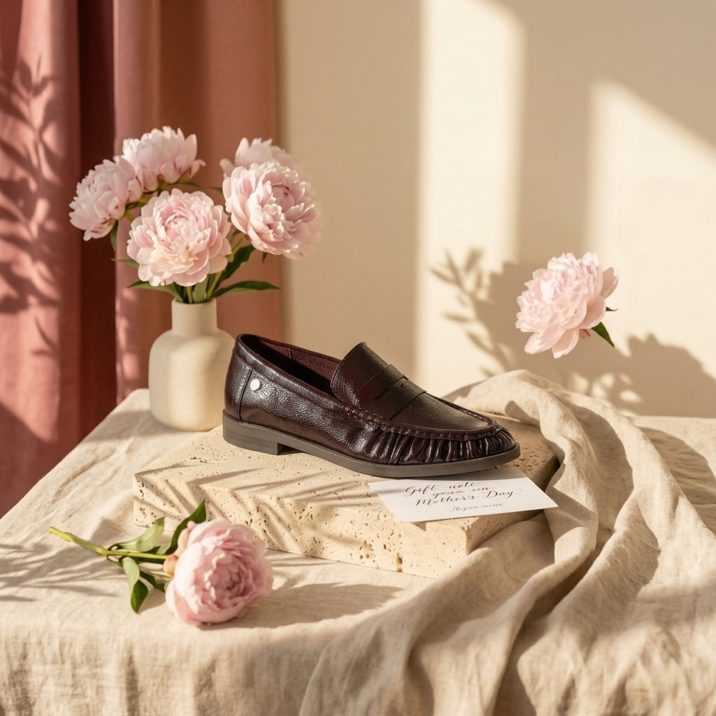 Mocassim em pele envernizada preta em still de vida, junto a peónias cor-de-rosa e tecido