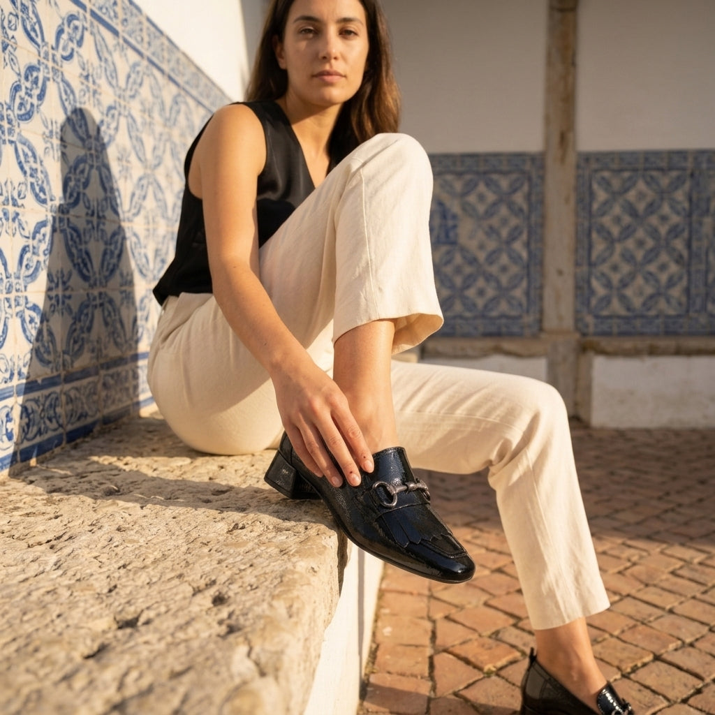 Mocassim Carmela em verniz preto, vista lateral com franja