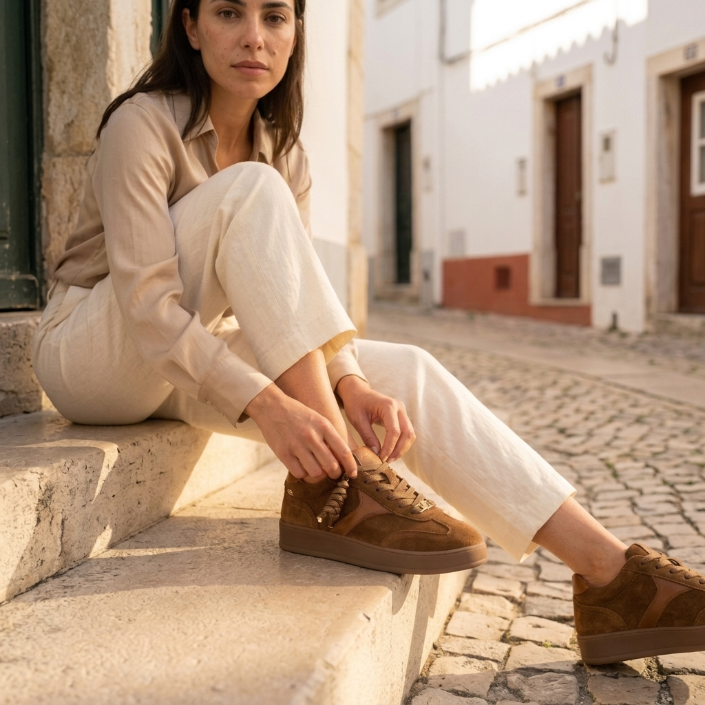 Mulher sentada numa escadaria de pedra a calçar a sapatilha Carmela camel