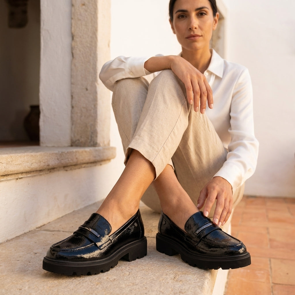 Mocassim Carmela Verniz Preto | Sola Grossa e Conforto Diário