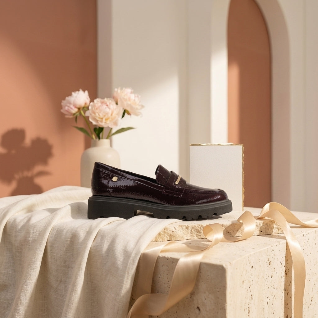 Mocassim Carmela verniz bordeaux em still life, com flores e tecido de linho