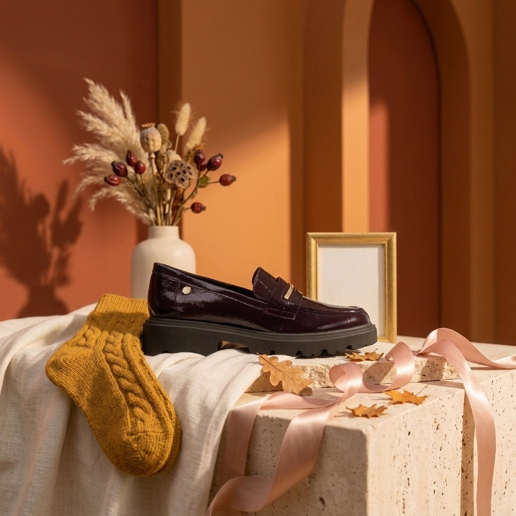 Mocassim Carmela verniz bordeaux em still life outonal, com meia de lã mostarda e folhas secas