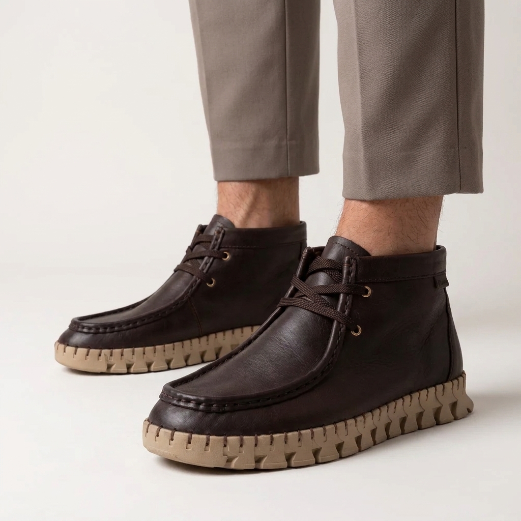Pés calçados com botins Carmela wallabee castanhos e calças de alfaiataria cinzentas, com a costura de mocassim e a sola dentada bege à vista
