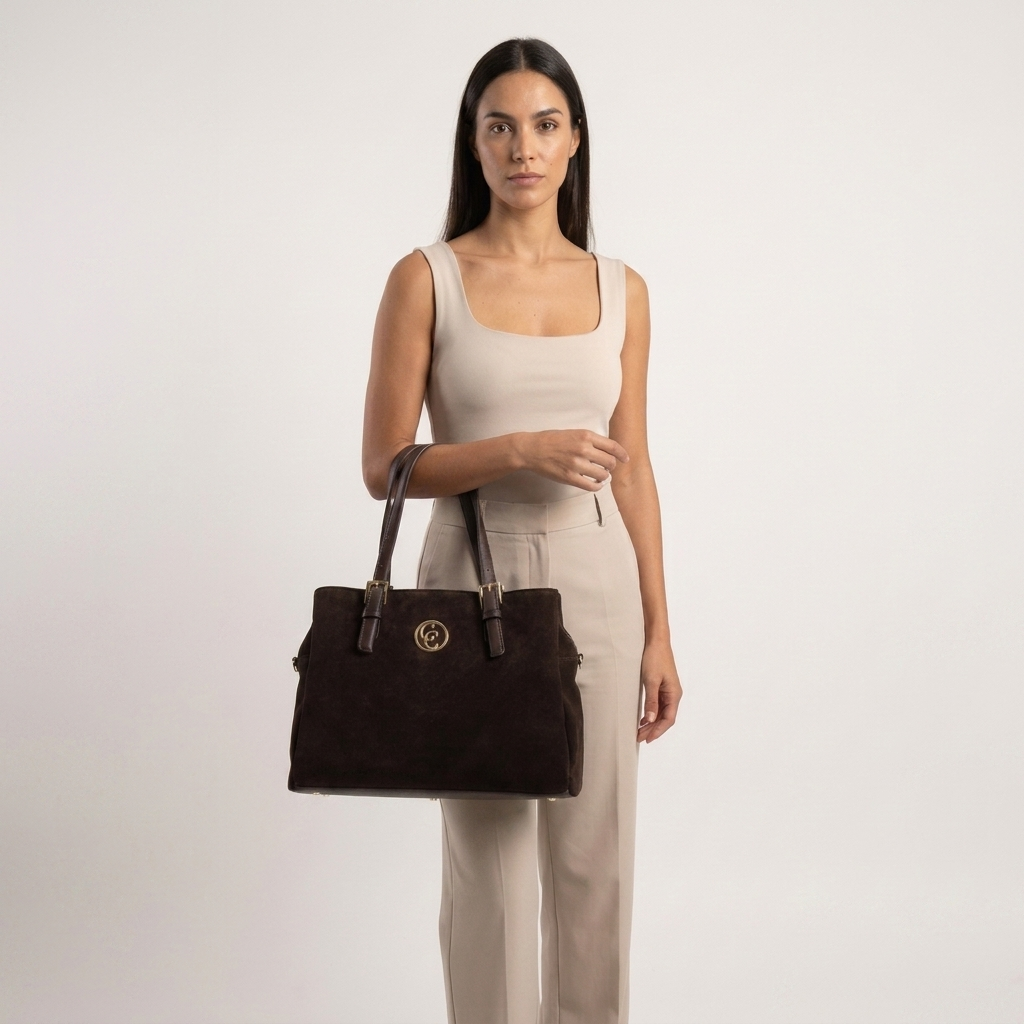 Modelo transporta a mala tote Carmela em camurça castanha na mão, com look em tons neutros.