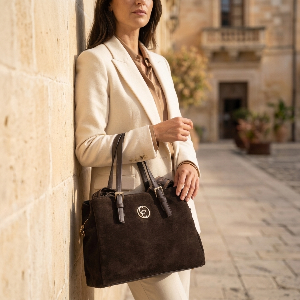 Modelo com a mala tote Carmela em camurça castanha no antebraço, junto a um edifício histórico.