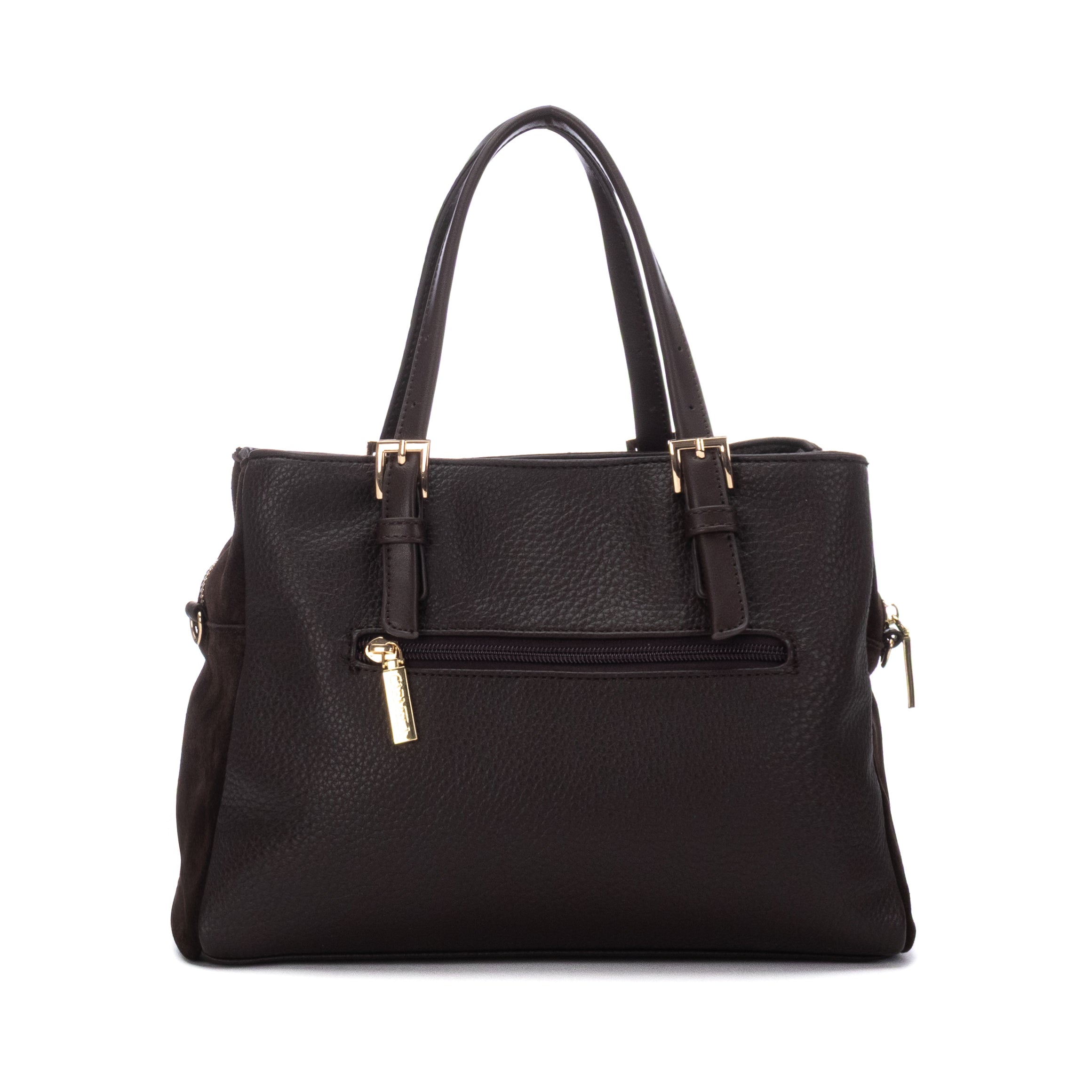 Fotografia de produto em fundo branco da parte de trás da mala tote Carmela, em pele castanha, com bolso exterior de zíper.