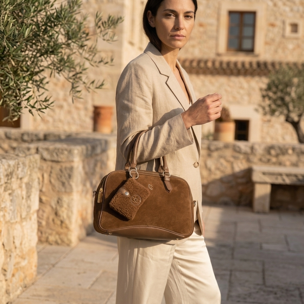 Mulher a caminhar junto a um edifício de pedra, com o saco de mão Carmela em camurça camel.