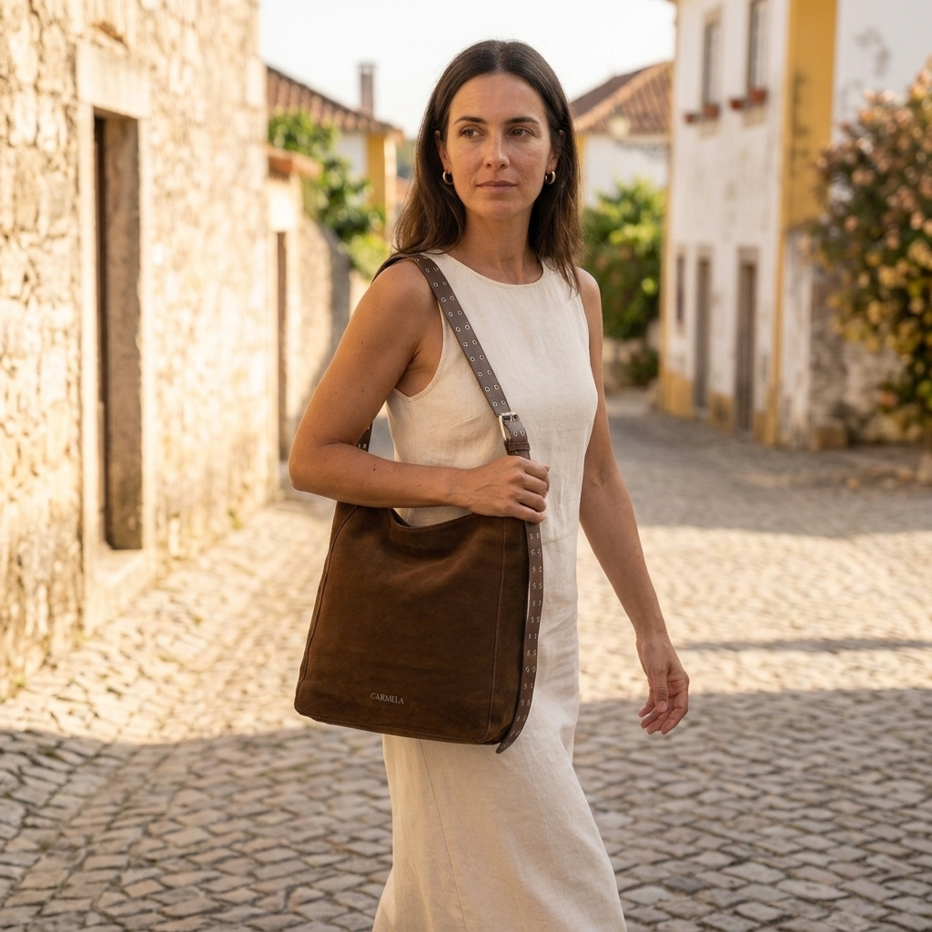 Modelo com vestido creme a caminhar numa rua de calçada de aldeia portuguesa, com o saco tiracolo Carmela Camel