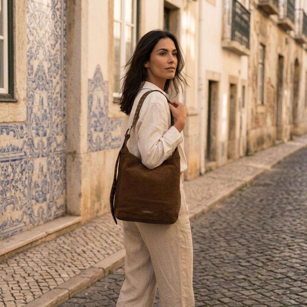Modelo numa rua com fachada de azulejos portugueses, com o saco tiracolo Carmela Camel a tiracolo