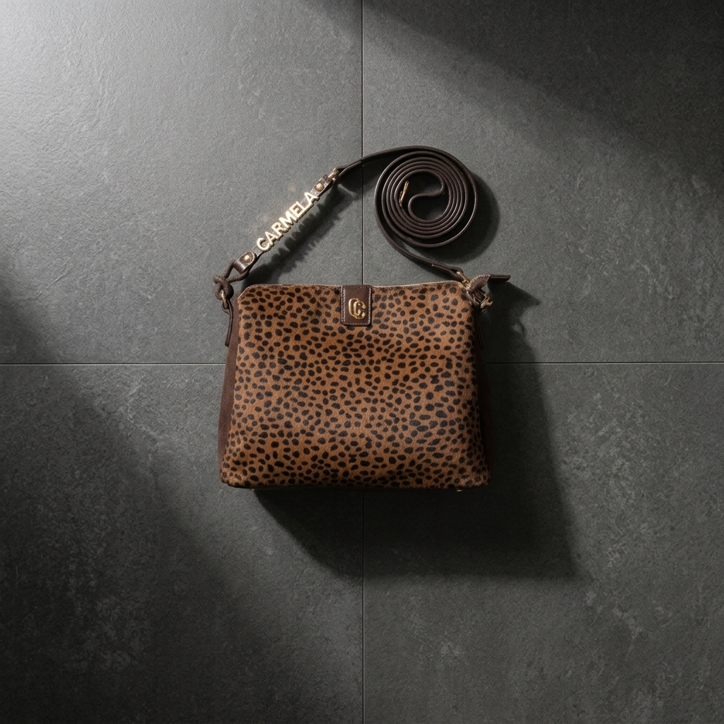 Bolsa Carmela camurça castanho em plano de still, sobre piso em pedra escura, com as alças enroladas ao lado.
