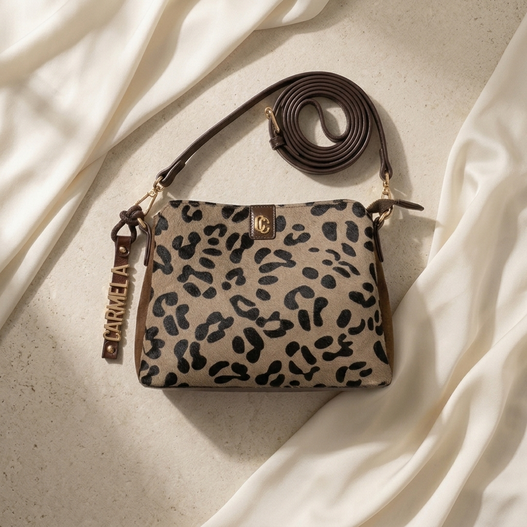 Bolsa Carmela camurça taupe em plano de still, sobre tecido claro drapeado, com as alças enroladas ao lado.