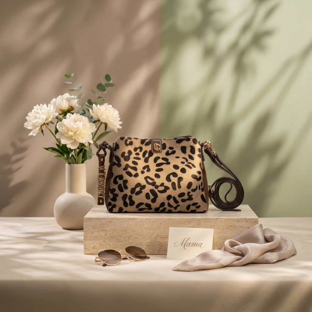 Bolsa Carmela camurça taupe em still com flores brancas, óculos de sol, lenço de seda e cartão Mama.