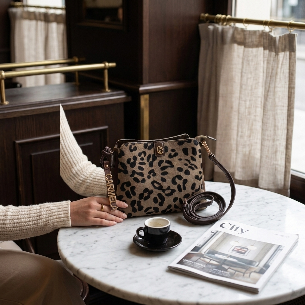 Bolsa Carmela camurça taupe pousada numa mesa de mármore de café, junto a uma chávena de café e uma revista.