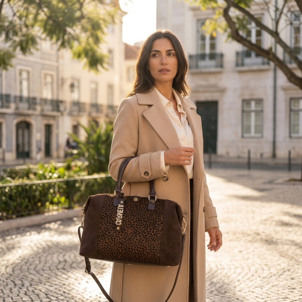 Mulher com trench coat bege leva a tiracolo a Mala Boston Carmela em animal print castanho-escuro, numa rua histórica.