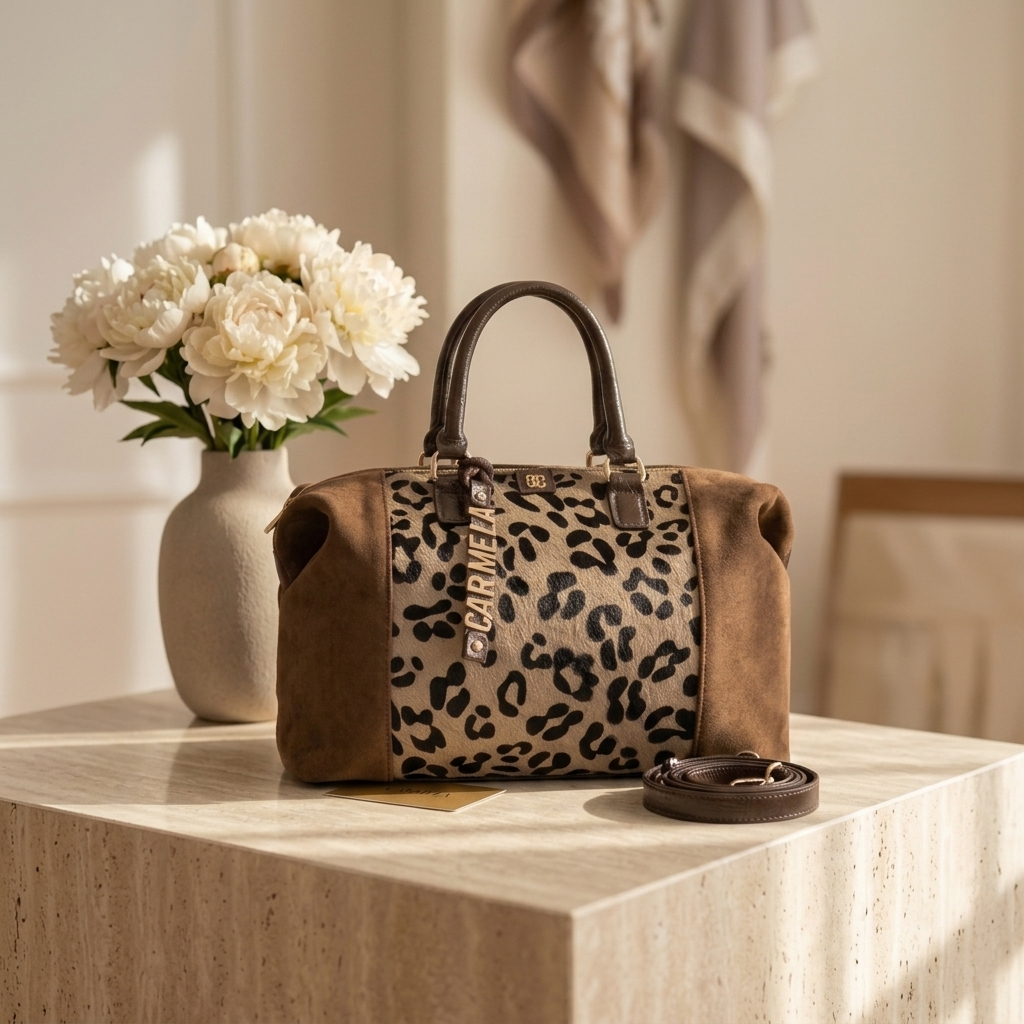 Mala Boston Carmela em animal print bege pousada sobre um pedestal de mármore, com peónias brancas ao fundo e a alça amovível ao lado.