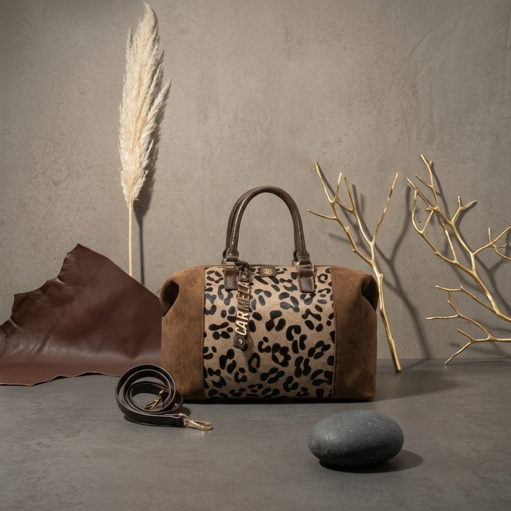 Mala Boston Carmela em animal print bege, com pegas em pele castanha, fotografada junto a plumas de pampas e ramos dourados decorativos.