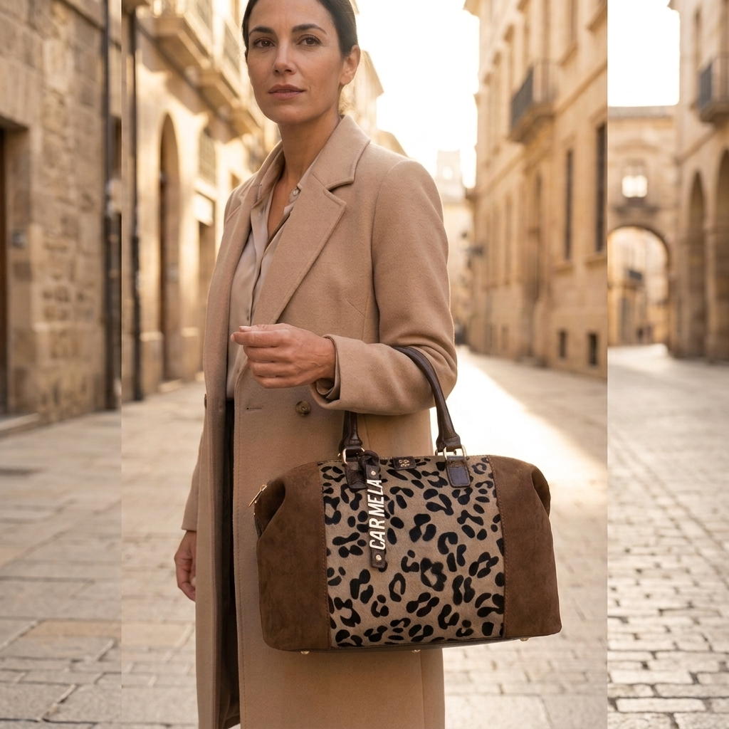 Mulher com casaco camel leva ao ombro a Mala Boston Carmela em animal print bege, numa rua de calçada portuguesa.