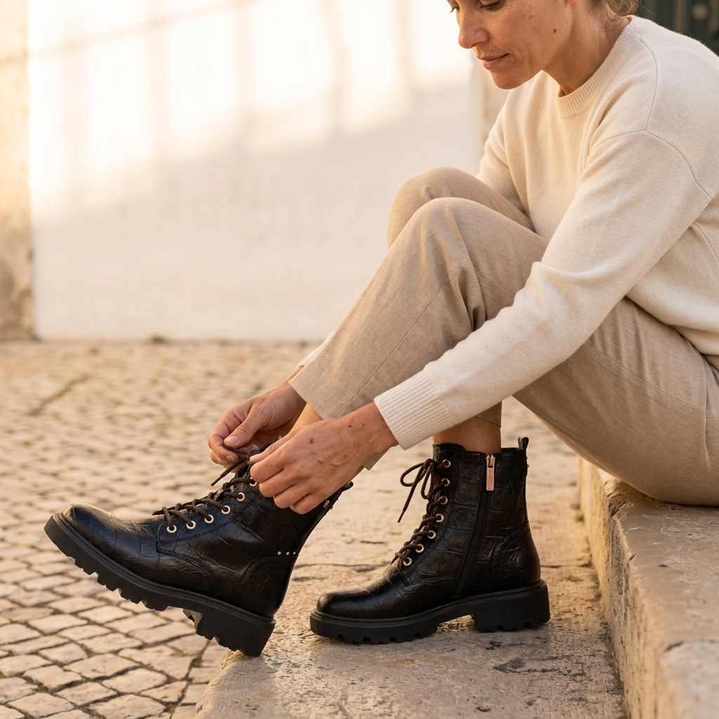 Mulher de camisola creme sentada num degrau de pedra a apertar os atacadores do botim militar Carmela castanho muito escuro