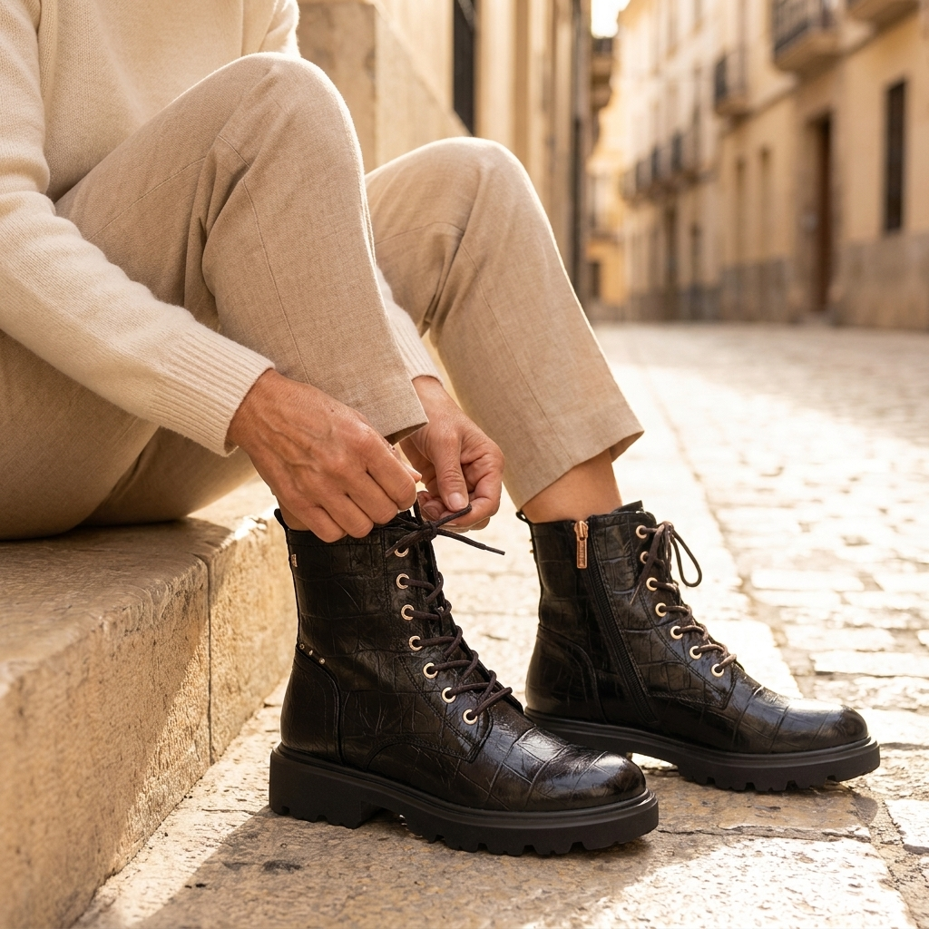 Plano próximo de mulher de camisola creme e calças claras a apertar os atacadores do botim militar Carmela castanho muito escuro
