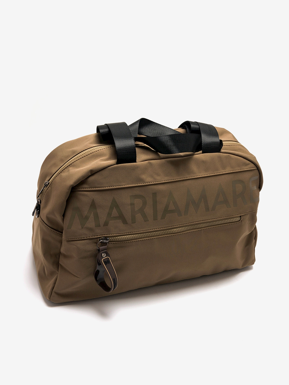 Mala bowling Mariamare Duvet verde kaki em vista de três quartos, com o logótipo Mariamare na frente e as pegas pretas pousadas
