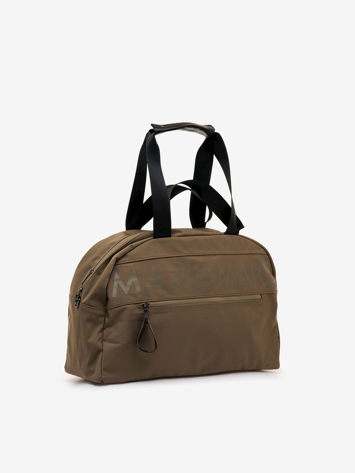 Mala bowling Mariamare Duvet verde kaki em vista de três quartos, com as pegas pretas levantadas e o bolso frontal com puxador