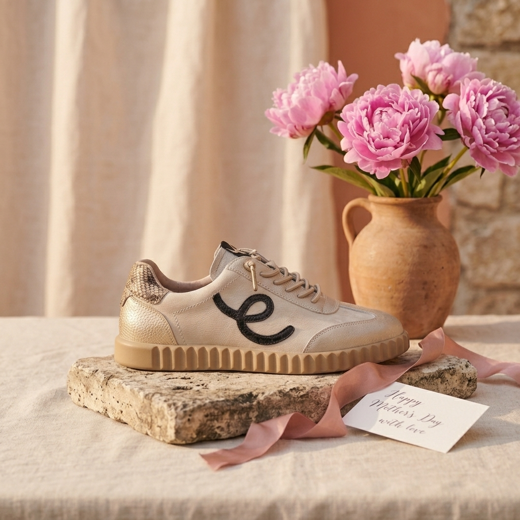 Sapatilha feminina Elena Bloom bege platino sobre uma pedra, junto a peónias cor-de-rosa e um cartão de oferta.
