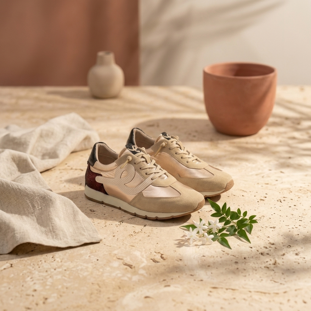 Par de sapatilhas femininas Elena Bloom bege sobre uma mesa de pedra, junto a um vaso de barro e um ramo de flores brancas.
