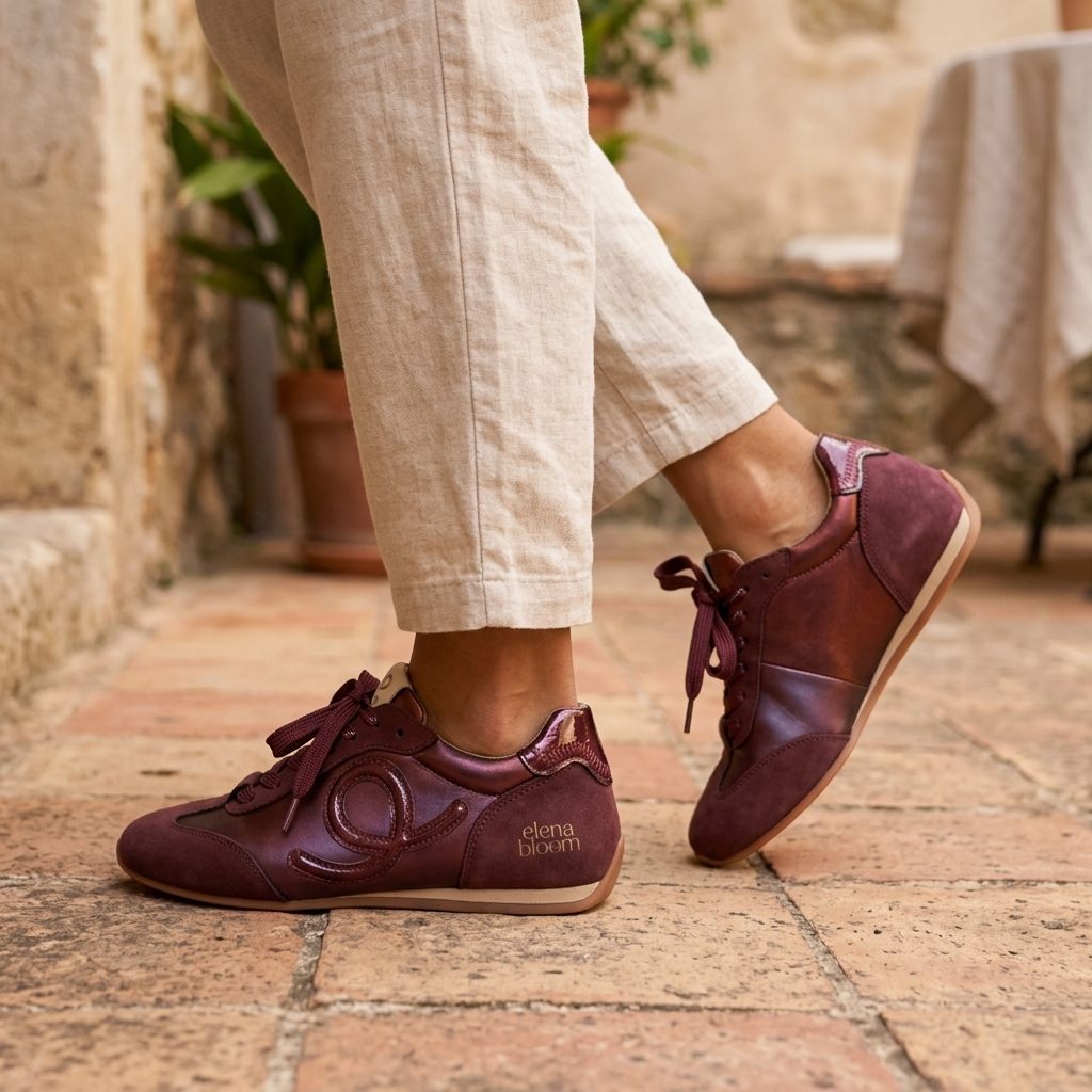 Mulher em movimento com sapatilhas Elena Bloom bordeaux e calças de linho, num pátio com chão de tijoleira, em vista de perfil