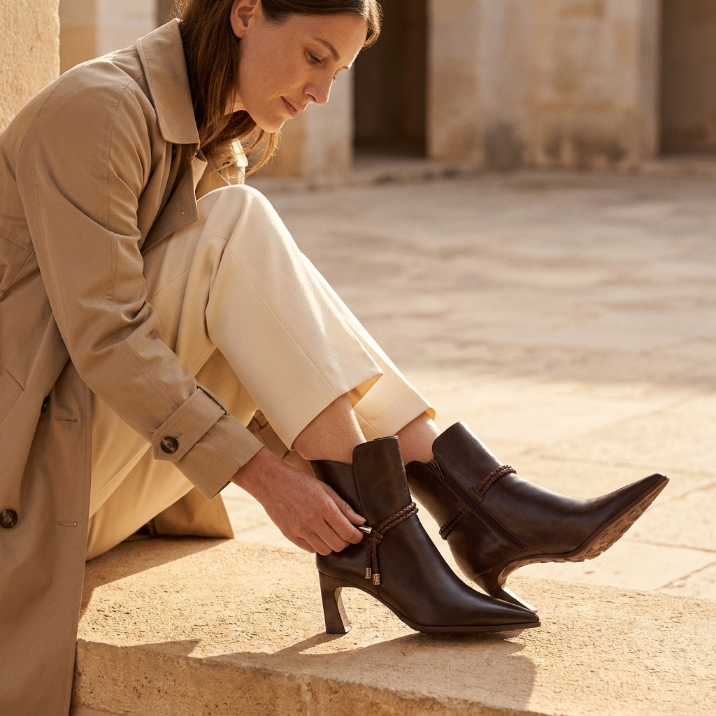 Mulher sentada com um trench coat, calçando o Botim Hispanitas Paris chocolate num pátio ensolarado