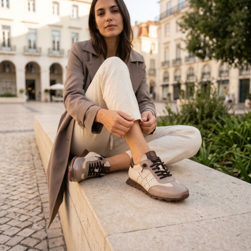 Mulher com trench coat calça a sapatilha Hispanitas Zinnia em amêndoa, sentada num murete, numa praça histórica.