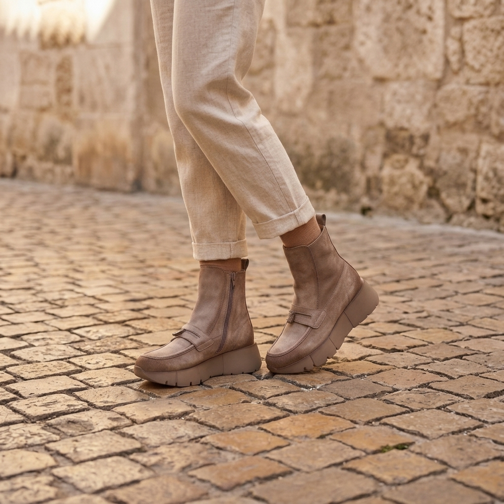 Mulher a usar o botim Hispanitas Montana bege escuro numa rua de calçada, vista de trás, com calça larga em linho creme