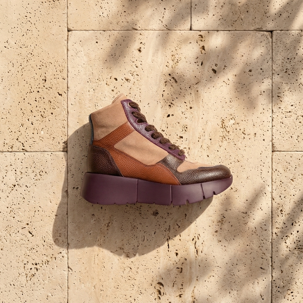 Botim Sport Hispanitas Chocolate-Amêndoa-Bordô fotografado sobre piso em pedra travertino, com sombra de folhagem, em estilo lifestyle mediterrânico, destacando a sola grossa bordô e a combinação de camurça e couro.