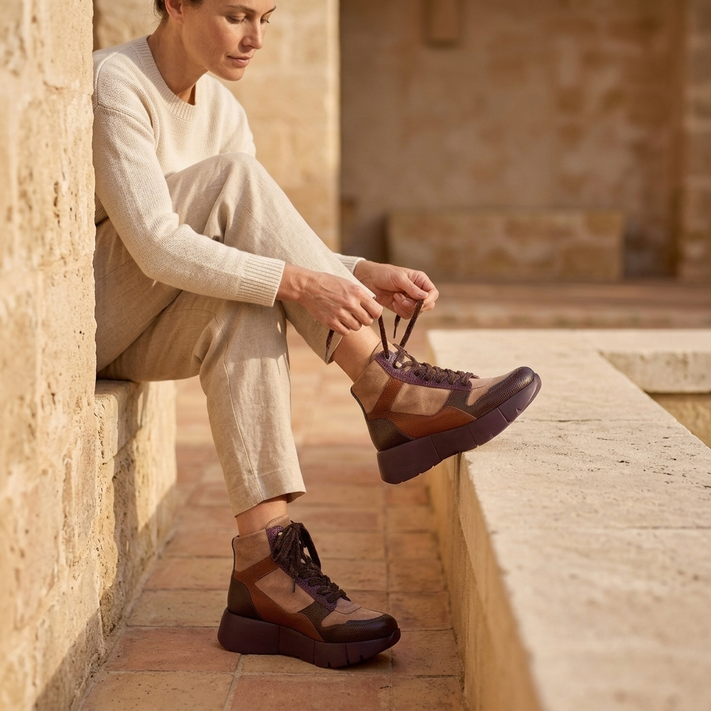 Mulher sentada em escadaria de pedra num cenário mediterrânico, a apertar os atacadores do botim Sport Hispanitas Chocolate-Amêndoa-Bordô, com look casual em tons neutros de outono/inverno.
