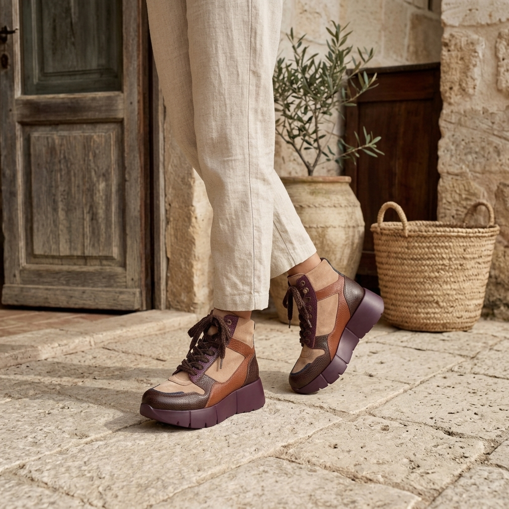 Pés de mulher a caminhar com o botim Sport Hispanitas Chocolate-Amêndoa-Bordô, em rua de pedra com porta rústica em madeira, vaso com oliveira e cesto de vime ao fundo, ambiente rural mediterrânico.