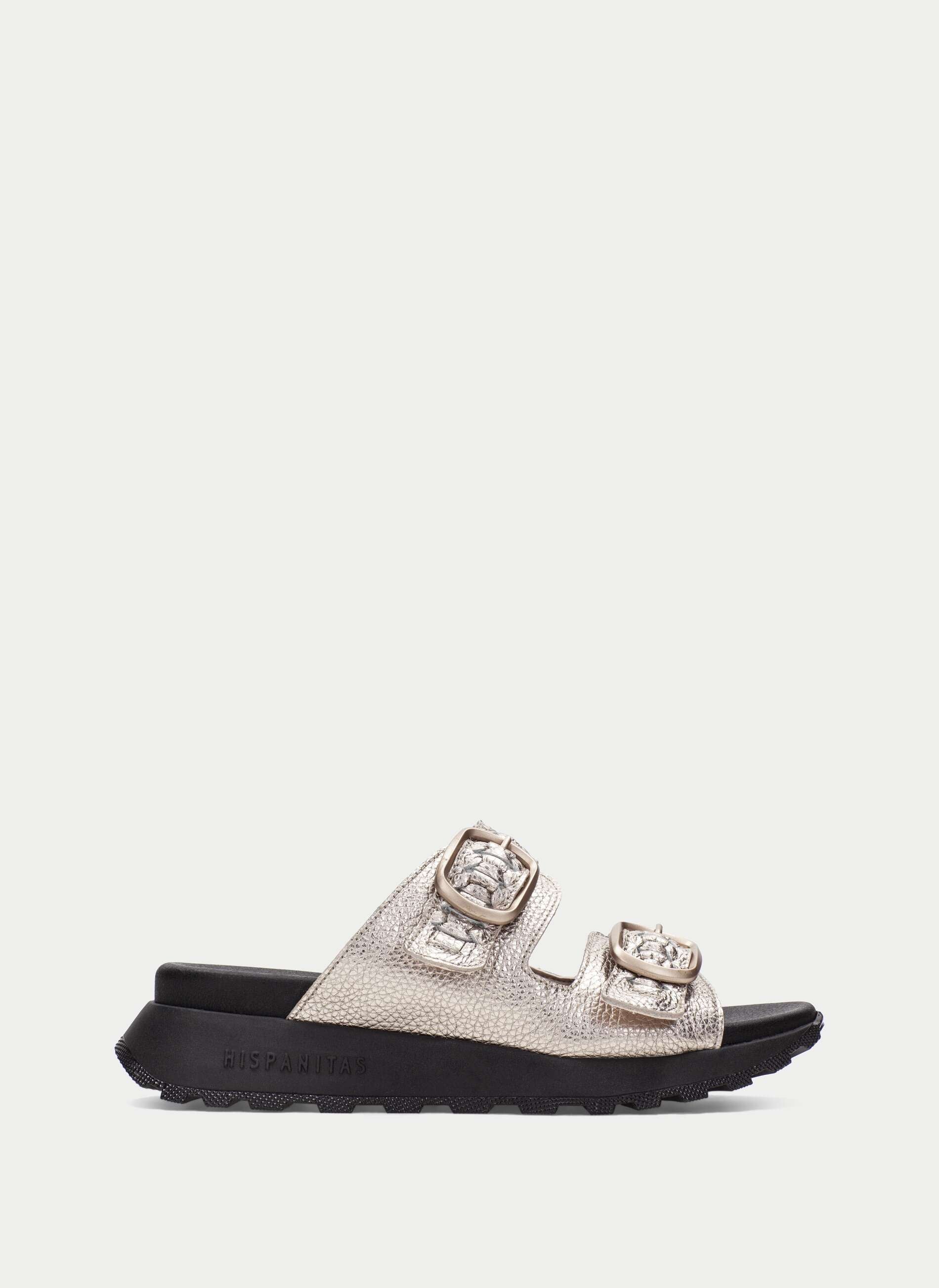 Sandália desportiva Hispanitas Ambar champagne com tiras de velcro e sola volumosa. Vista Lateral