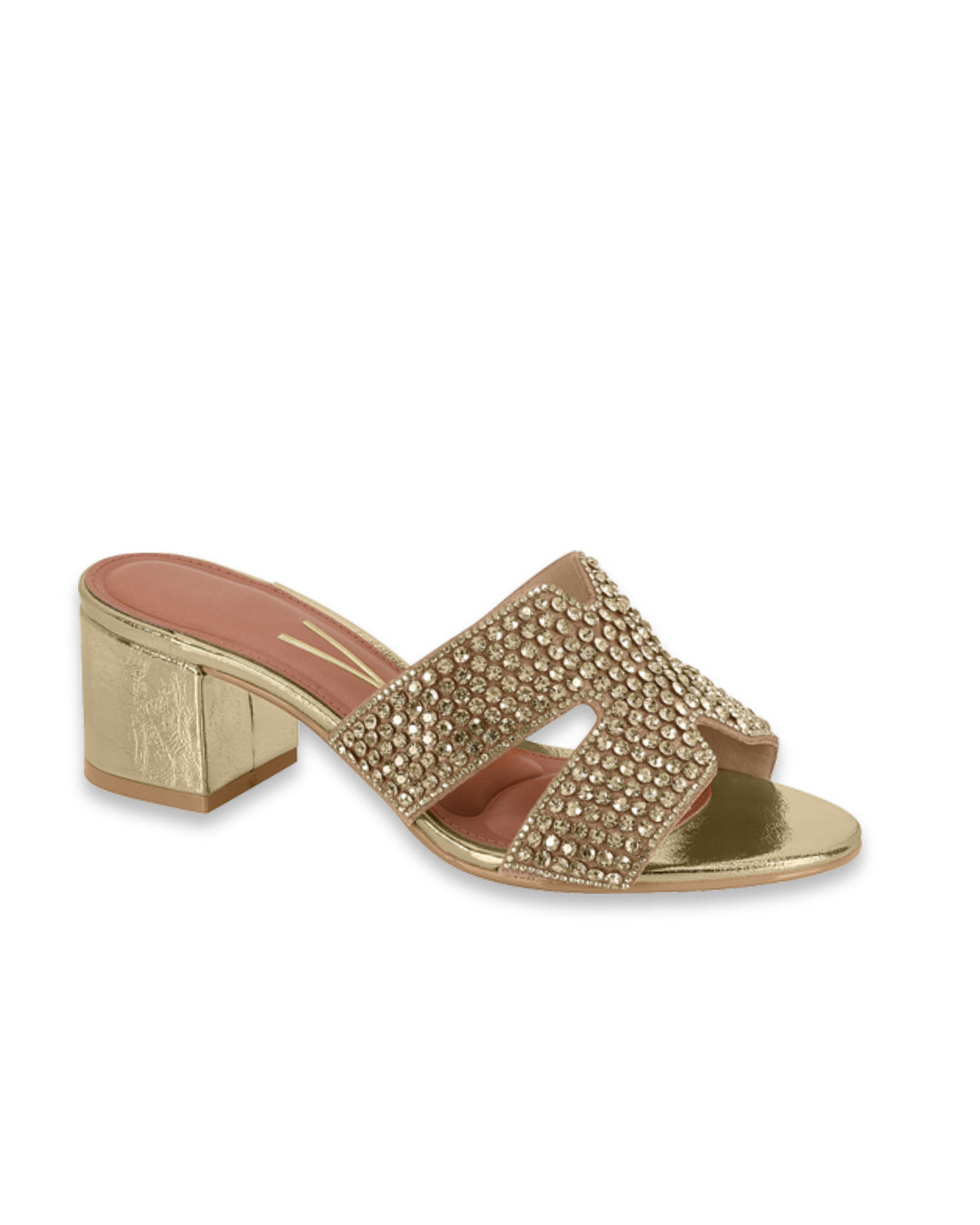 Mule Vizzano preto de bico fino com tiras de strass brilhantes e salto bloco baixo estável.