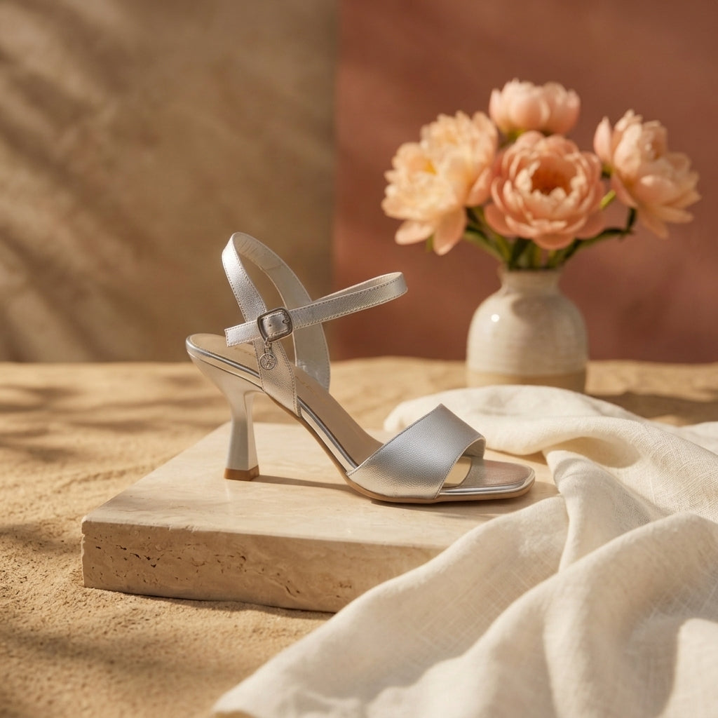 Sandália C. Fluênci Donatella em pele prata metalizada, vista lateral direita sobre pedestal de pedra — fivela prateada e pendente visíveis, bouquet de flores coral em fundo quente desfocado