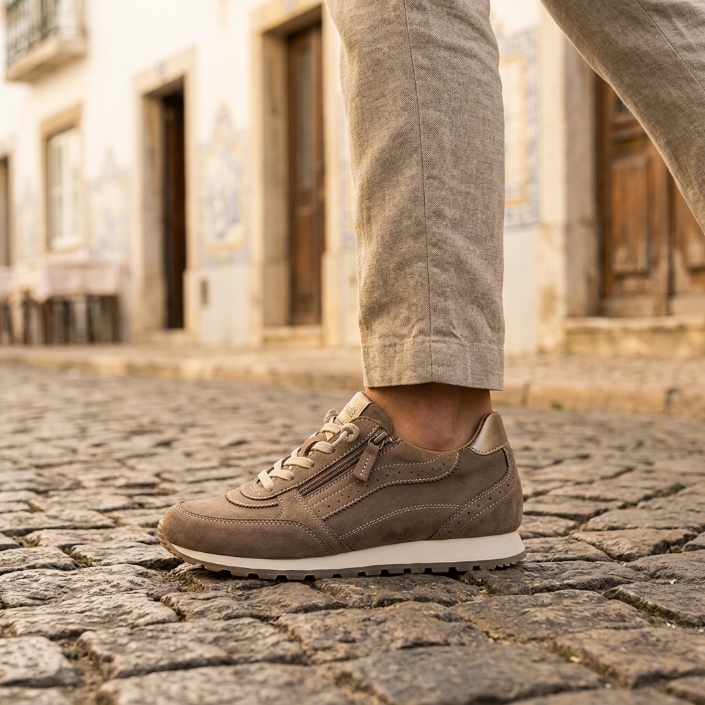 Sapatilha Mustang Marei castanho taupe calçada numa rua de calçada empedrada, vista lateral com fecho de correr, calças de linho e casas tradicionais ao fundo.