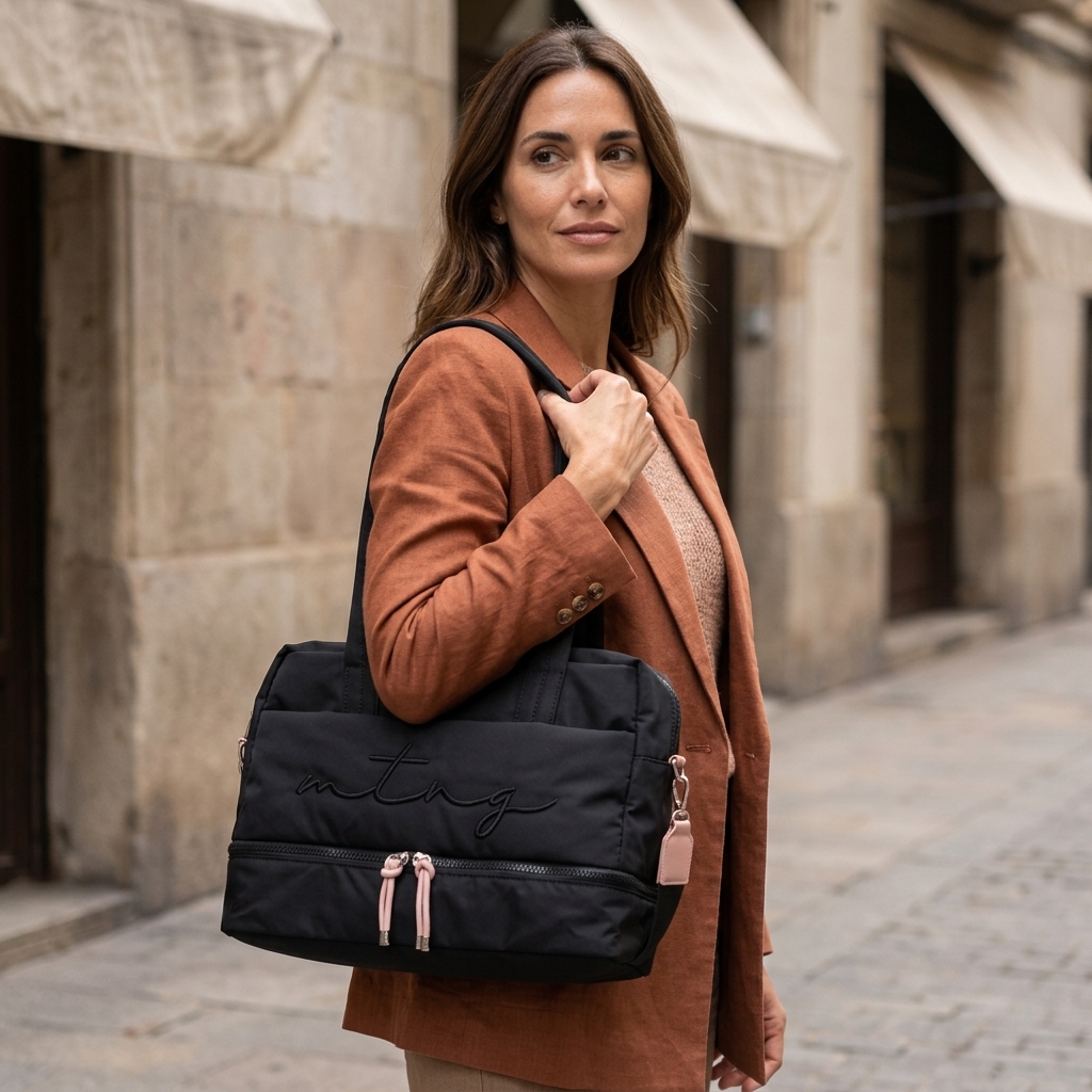 Mulher de casaco camel com a Mala Mustang Ansu preta acolchoada ao ombro pelas alças largas
