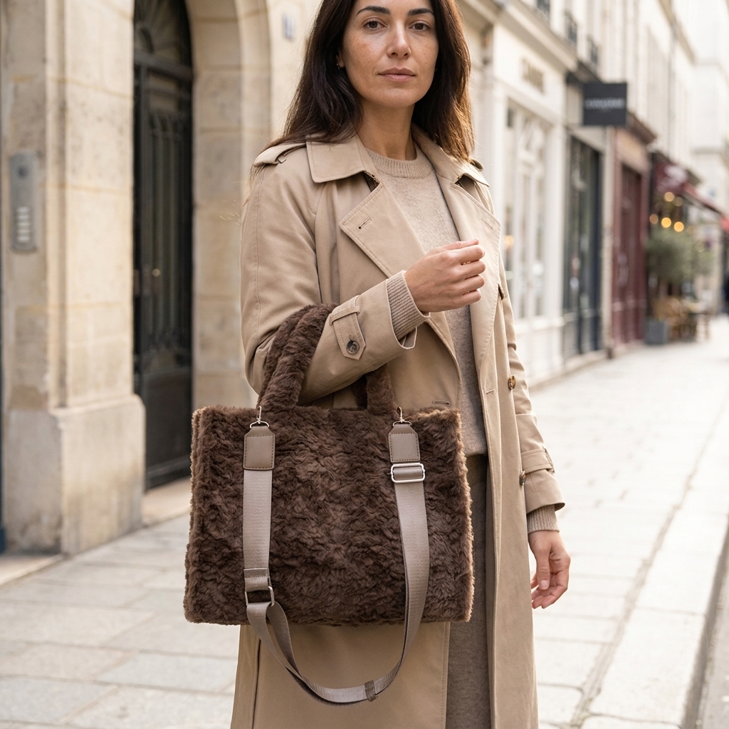 Mulher com gabardina bege numa rua europeia leva a Mala Tote Mustang Fey castanho em pelo suave, com alça amovível visível