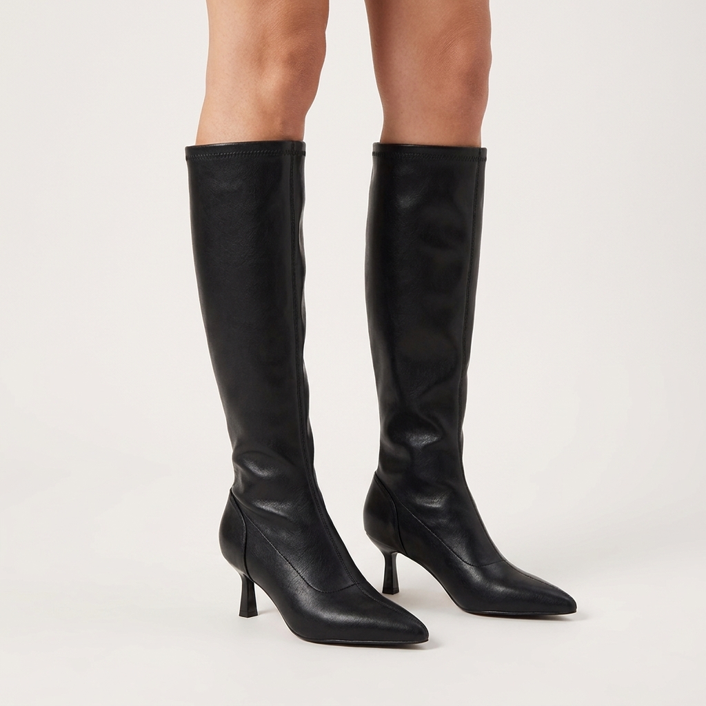 Pernas femininas com par de botas de cano alto Mariamare pretas até ao joelho, bico fino e salto fino, em fundo neutro claro