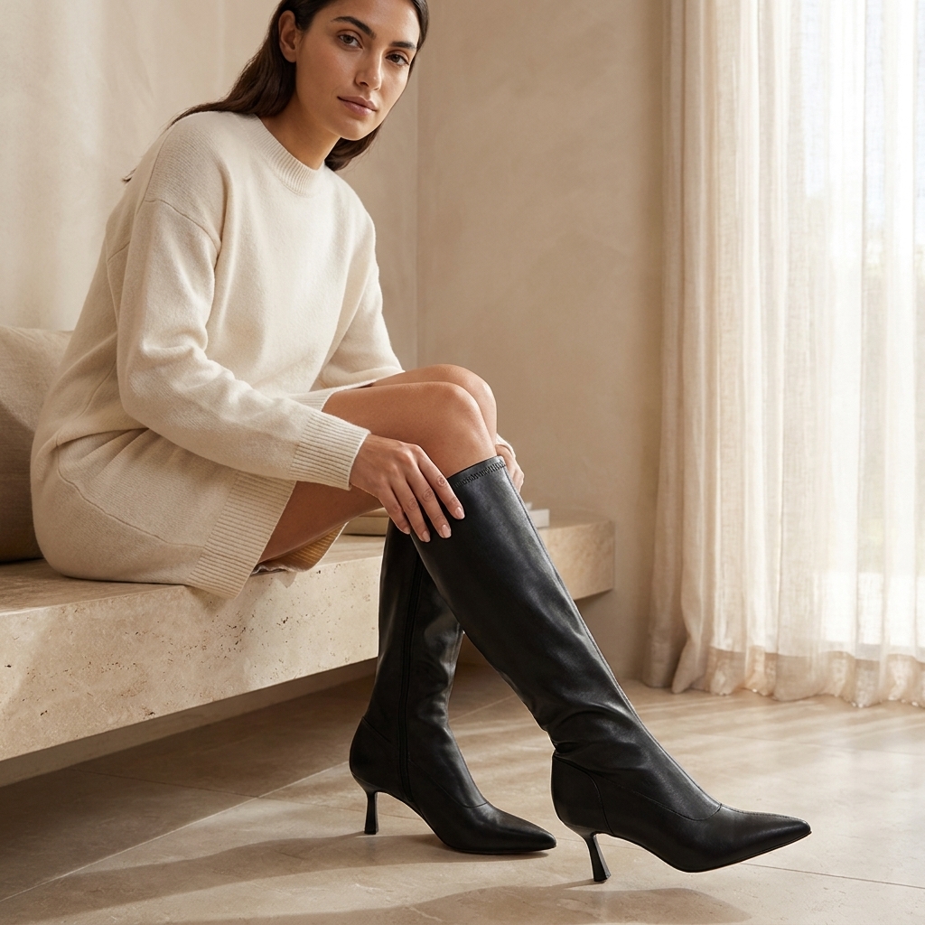 Mulher com vestido de malha creme sentada num banco interior, a usar botas de cano alto pretas Mariamare com salto fino médio